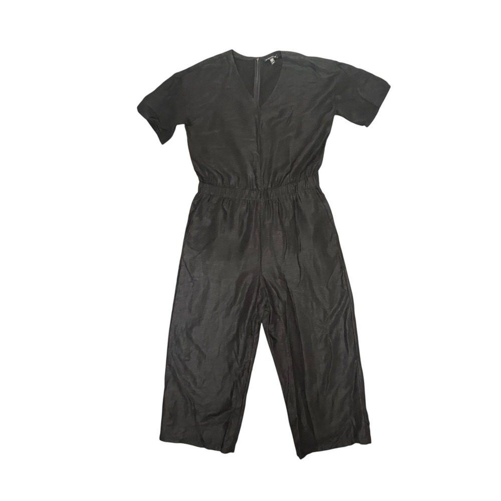 Eileen Fisher V-Neck Crop Wide Leg Jumpsuit Sz Med Linen Tencel Black NWOT